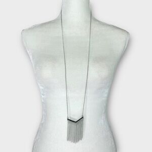long silver necklace with fringe and black onyx crystals v-shaped sophisticated